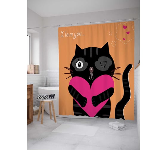 Штора (занавеска) для ванной JoyArty "Кот с сердцем" из сатена, 180х200 см с крючками, sc_38589 1