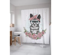 Штора (занавеска) для ванной JoyArty "Кошка в очках с бантиком" из сатена, 180х200 см с крючками, sc_52760