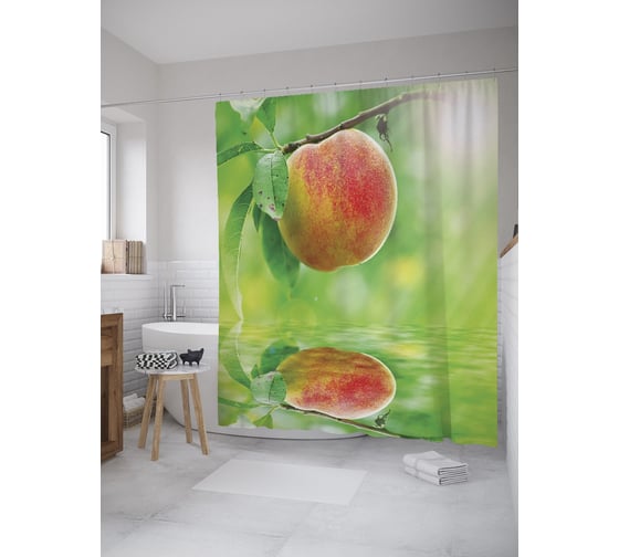 Штора (занавеска) для ванной JoyArty "Яблоко на ветке и отражение" из сатена, 180х200 см с крючками, sc_52367 1