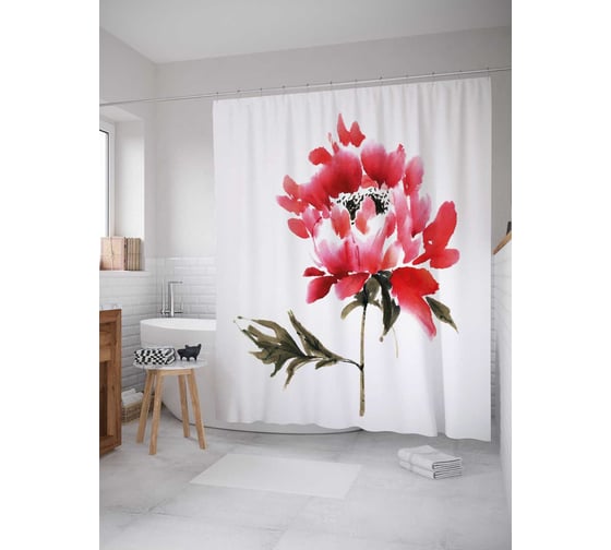 Штора (занавеска) для ванной JoyArty "Цветочная веточка" из сатена, 180х200 см с крючками, sc_38429 1