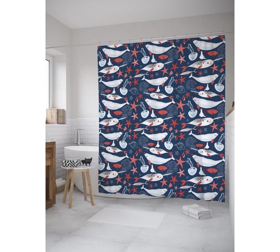 Штора (занавеска) для ванной JoyArty "Киты и нарвалы" из сатена, 180х200 см с крючками, sc_55195 1