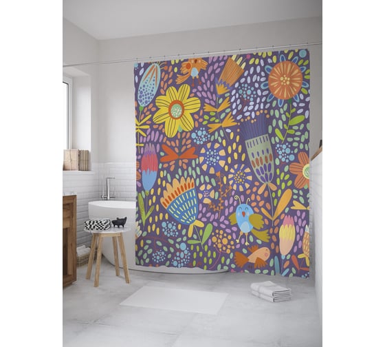 Штора (занавеска) для ванной JoyArty "Наивные цветы" из сатена, 180х200 см с крючками, sc_60383 1