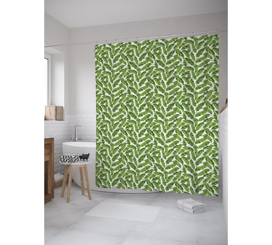 Штора (занавеска) для ванной JoyArty "Тропическая зелень" из сатена, 180х200 см с крючками, sc_55512 1