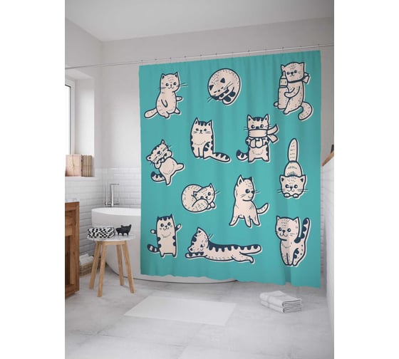 Штора (занавеска) для ванной JoyArty "Котик в разных позах" из сатена, 180х200 см с крючками, sc_38574 1
