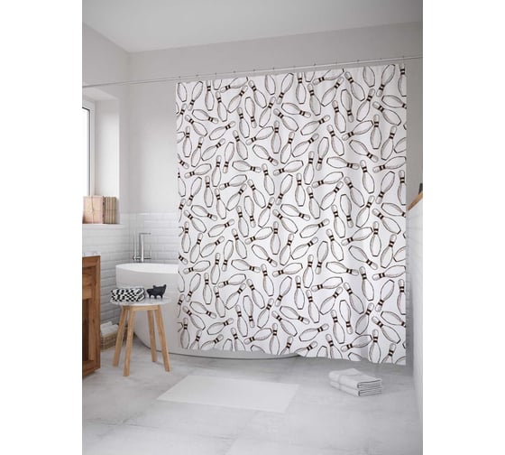 Штора (занавеска) для ванной JoyArty "Монохромные кегли" из сатена, 180х200 см с крючками, sc_38134 1