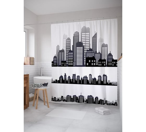 Штора (занавеска) для ванной JoyArty "Триптих небоскреба" из сатена, 180х200 см с крючками, sc_53132 1