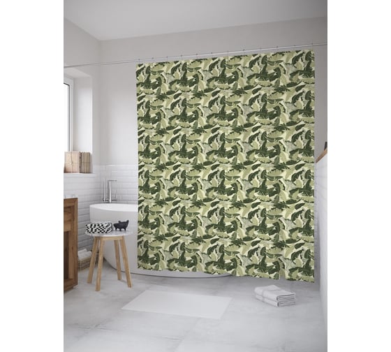 Штора (занавеска) для ванной JoyArty "Листья тропиков ретро" из сатена, 180х200 см с крючками, sc_55507 1