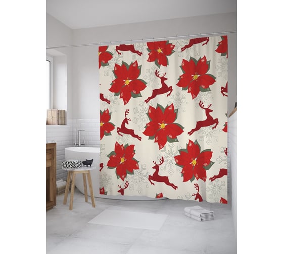 Штора (занавеска) для ванной JoyArty "Олени среди цветов" из сатена, 180х200 см с крючками, sc_52578 1