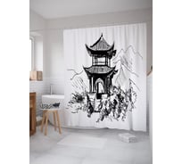 Штора (занавеска) для ванной JoyArty "Графическая пагода" из сатена, 180х200 см с крючками, sc_52781