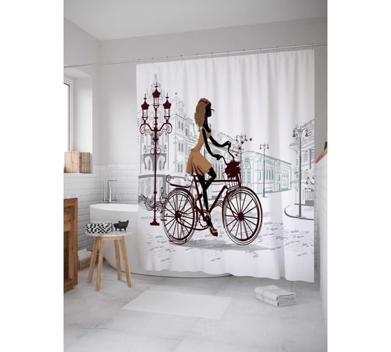 Штора (занавеска) для ванной JoyArty "Велосипедистка на мостовой" из сатена, 180х200 см с крючками, sc_37259 1