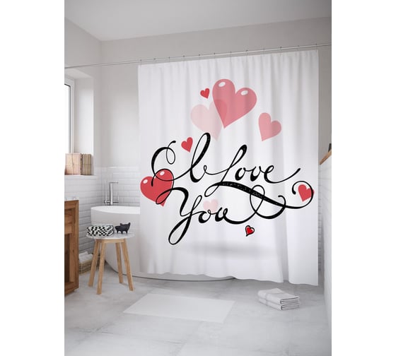 Штора (занавеска) для ванной JoyArty "Любовь в сердечках" из сатена, 180х200 см с крючками, sc_53766 1