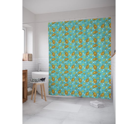 Штора (занавеска) для ванной JoyArty "Хвостатые пейсли" из сатена, 180х200 см с крючками, sc_54467 1