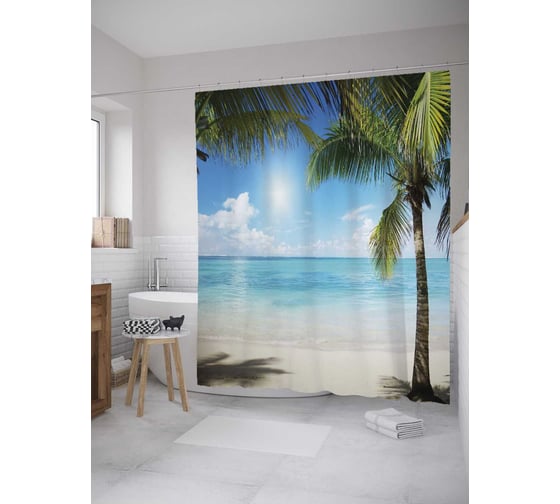 Штора (занавеска) для ванной JoyArty "Встреча туриста" из сатена, 180х200 см с крючками, sc_8979 1