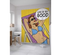 Штора (занавеска) для ванной JoyArty "Жизнь хороша" из сатена, 180х200 см с крючками, sc_32426