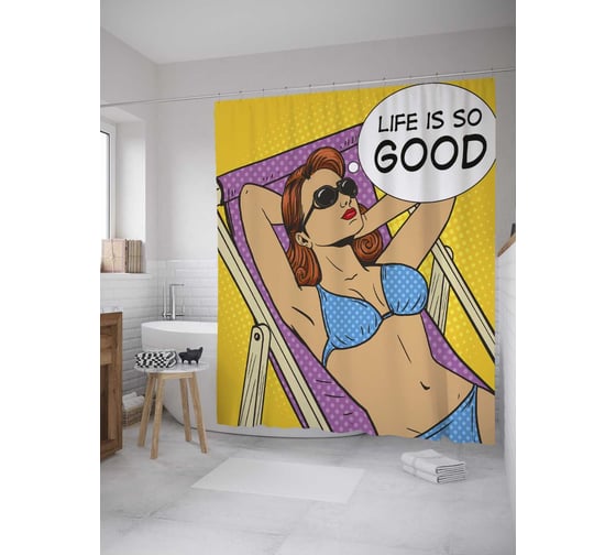 Штора (занавеска) для ванной JoyArty "Жизнь хороша" из сатена, 180х200 см с крючками, sc_32426 1