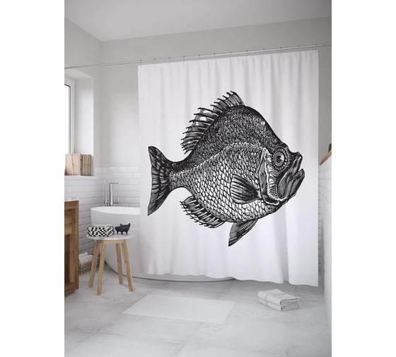 Штора (занавеска) для ванной JoyArty "Обыкновенная пиранья" из сатена, 180х200 см с крючками, sc_55065