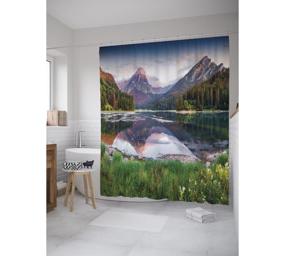 Штора (занавеска) для ванной JoyArty "Высокогорное озеро" из сатена, 180х200 см с крючками, sc_60525 1