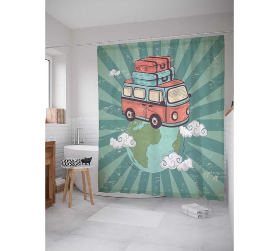 Штора (занавеска) для ванной JoyArty "Минибас на Земле" из сатена, 180х200 см с крючками, sc_5913 1