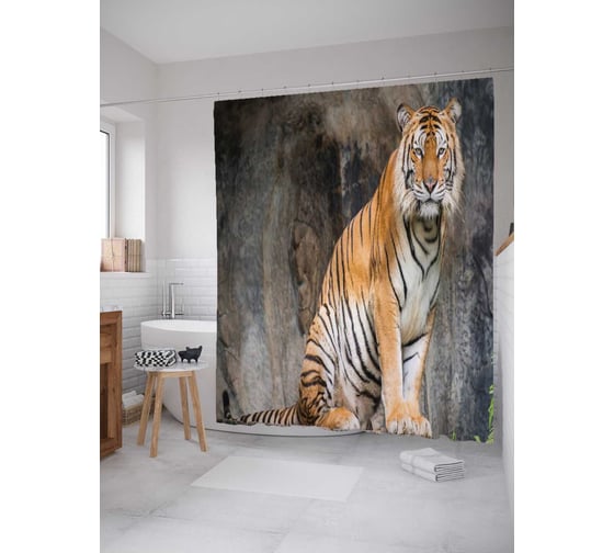 Штора (занавеска) для ванной JoyArty "Тигр на посту" из сатена, 180х200 см с крючками, sc_37597 1