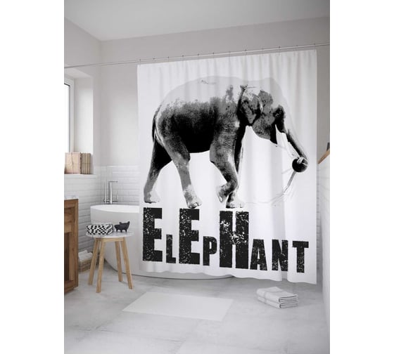 Штора (занавеска) для ванной JoyArty "Монохромный слон" из сатена, 180х200 см с крючками, sc_32615 1