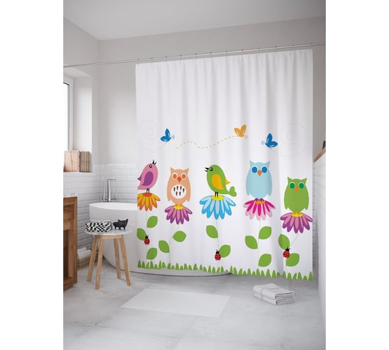 Штора (занавеска) для ванной JoyArty "Птички на цветках наив" из сатена, 180х200 см с крючками, sc_53160 1