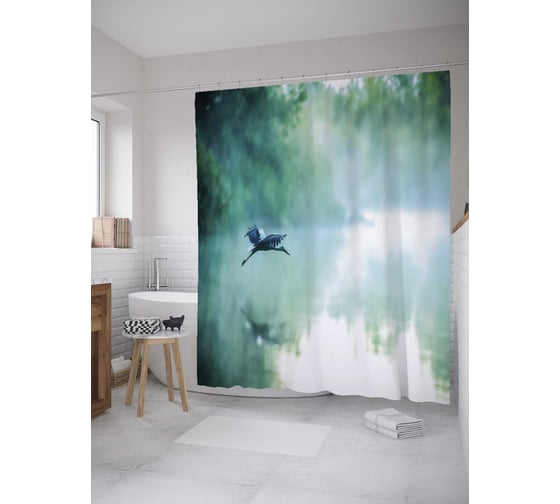Штора (занавеска) для ванной JoyArty "Аистенок над водой" из сатена, 180х200 см с крючками, sc_32225 1