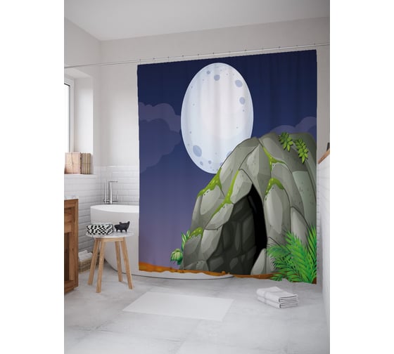 Штора (занавеска) для ванной JoyArty "Луна над пещерой" из сатена, 180х200 см с крючками, sc_53575 1