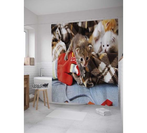 Штора (занавеска) для ванной JoyArty "Любопытный котенок" из сатена, 180х200 см с крючками, sc_32586 1