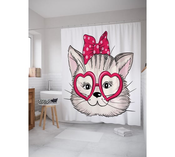 Штора (занавеска) для ванной JoyArty "Очки кошачьей любви" из сатена, 180х200 см с крючками, sc_52763 1