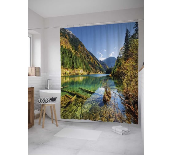 Штора (занавеска) для ванной JoyArty "Осень в горах" из сатена, 180х200 см с крючками, sc_32495 1