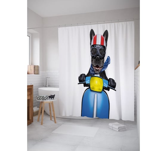 Штора (занавеска) для ванной JoyArty "Пес на мотороллере" из сатена, 180х200 см с крючками, sc_54662 1