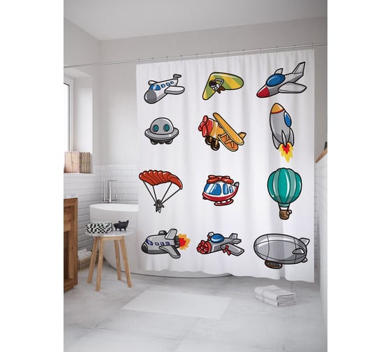 Штора (занавеска) для ванной JoyArty "Детские космолетики" из сатена, 180х200 см с крючками, sc_54126 1
