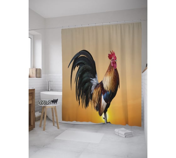 Штора (занавеска) для ванной JoyArty "Главный петух" из сатена, 180х200 см с крючками, sc_59388 1