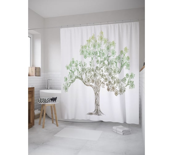 Штора (занавеска) для ванной JoyArty "Цветочное дерево" из сатена, 180х200 см с крючками, sc_60552 1