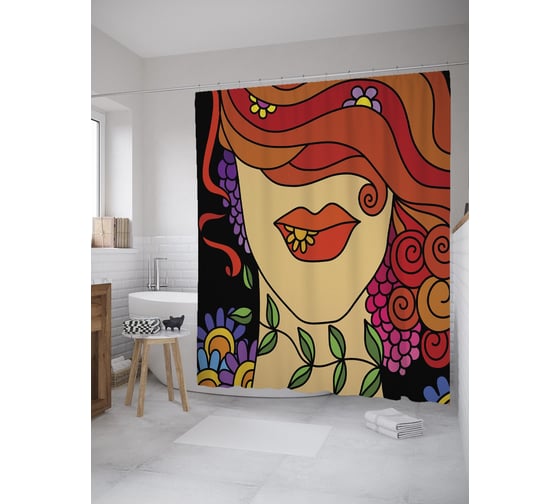 Штора (занавеска) для ванной JoyArty "С цветочком во рту" из сатена, 180х200 см с крючками, sc_60716 1