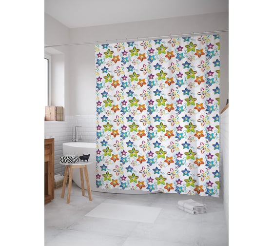 Штора (занавеска) для ванной JoyArty "Пляжные звездочки" из сатена, 180х200 см с крючками, sc_57499 1