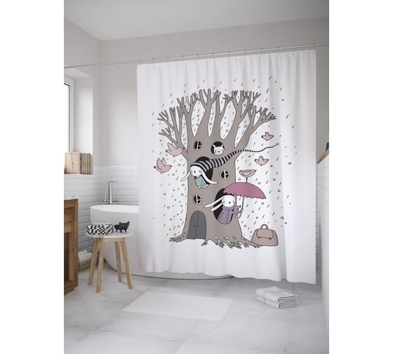 Штора (занавеска) для ванной JoyArty "Домик в дереве" из сатена, 180х200 см с крючками, sc_59823 1