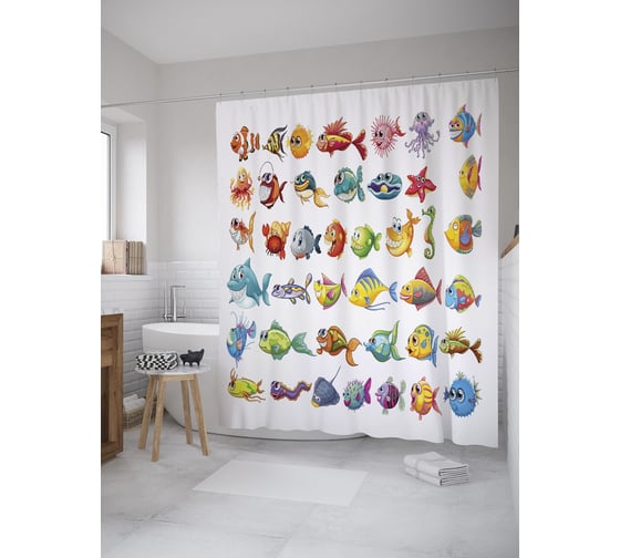 Штора (занавеска) для ванной JoyArty "Зубастые рыбы" из сатена, 180х200 см с крючками, sc_55071 1