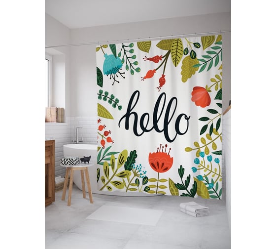 Штора (занавеска) для ванной JoyArty "Цветочное приветствие" из сатена, 180х200 см с крючками, sc_52978 1