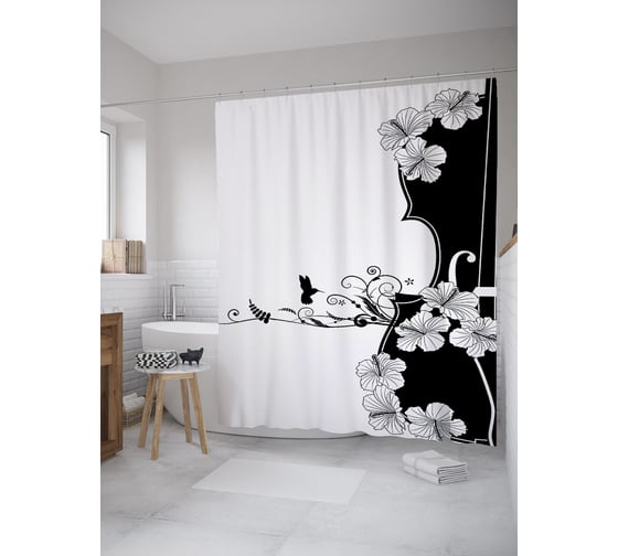 Штора (занавеска) для ванной JoyArty "Музыка цветов" из сатена, 180х200 см с крючками, sc_59696