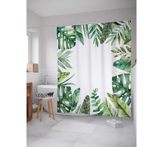 Штора (занавеска) для ванной JoyArty "Макушки тропиков" из сатена, 180х200 см с крючками, sc_38863 1