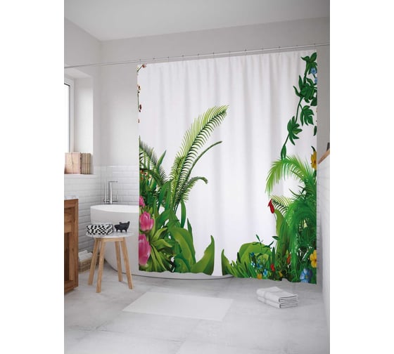 Штора (занавеска) для ванной JoyArty "Сквозь тропики" из сатена, 180х200 см с крючками, sc_38879 1