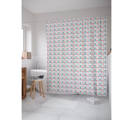 Штора (занавеска) для ванной JoyArty "Имитация гусиной лапки" из сатена, 180х200 см с крючками, sc_54610 1