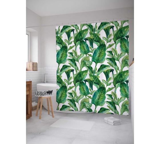 Штора (занавеска) для ванной JoyArty "Ботаника тропических листьев" из сатена, 180х200 см с крючками, sc_38869 1