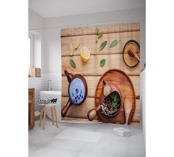 Штора (занавеска) для ванной JoyArty "Травяной чай с медом" из сатена, 180х200 см с крючками, sc_58794 1