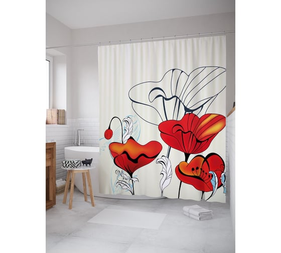 Штора (занавеска) для ванной JoyArty "Контурные маки" из сатена, 180х200 см с крючками, sc_53359 1