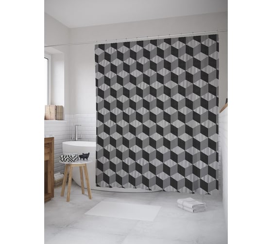 Штора (занавеска) для ванной JoyArty "Полосатые кубы" из сатена, 180х200 см с крючками, sc_59113 1