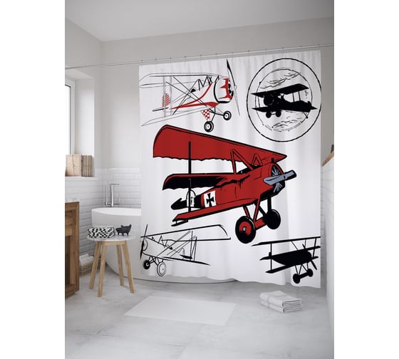 Штора (занавеска) для ванной JoyArty "Бипланы" из сатена, 180х200 см с крючками, sc_39098 1