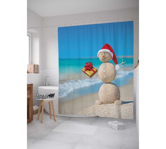 Штора (занавеска) для ванной JoyArty "Песочный снеговик у прибоя" из сатена, 180х200 см с крючками, sc_5591 1
