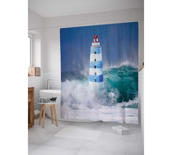Штора (занавеска) для ванной JoyArty "Маяк на волнах" из сатена, 180х200 см с крючками, sc_5503 1